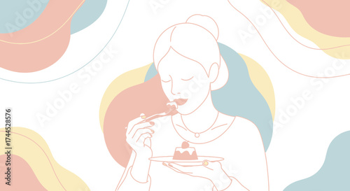 Elegant Woman Savoring Sweet Dessert amidst Abstract Soft Pastel Color Design