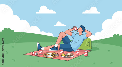 Enjoying Refreshment: Relaxing Outdoors with Picnic Snacks and Drinks on a Summer Day