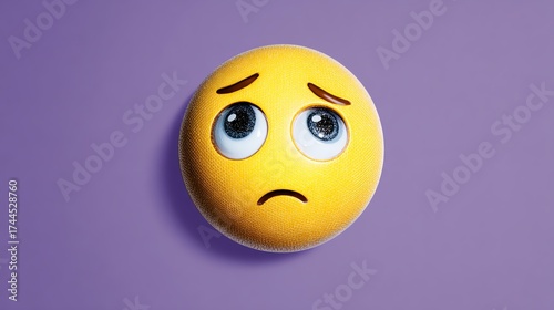 A close-up of a sad emoji expressing feelings of disappointment and empathy against a soft purple background.