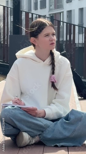 Caucasian young woman drawing with pencil outdoors. 