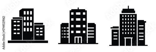 Office building silhouette business vector icon set.
