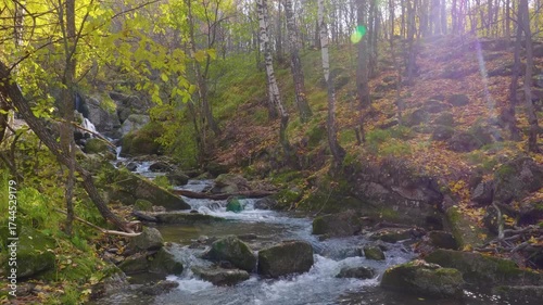 Scenic footage of the Kuk Karauk Waterfall cascading through a vibrant autumn forest in the South Ural Mountains, Russia. The clear mountain stream flows over rocks amidst colorful fall foliage, showc