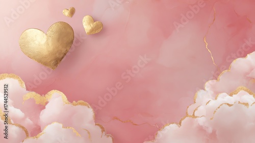 A dreamy pastel background featuring soft pink clouds and golden hearts, perfect for romantic and whimsical designs.
