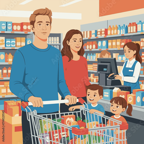 A Bright and Cheerful Family Outing Enjoy the Simple Pleasure of Grocery Shopping Together at Supermarket.