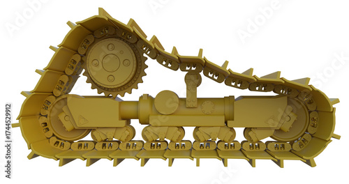 Tracked undercarriage system used in heavy machinery such as excavators, bulldozers, or tanks. This showcases the sprocket, idler, rollers, and track links in a realistic engineering layout.