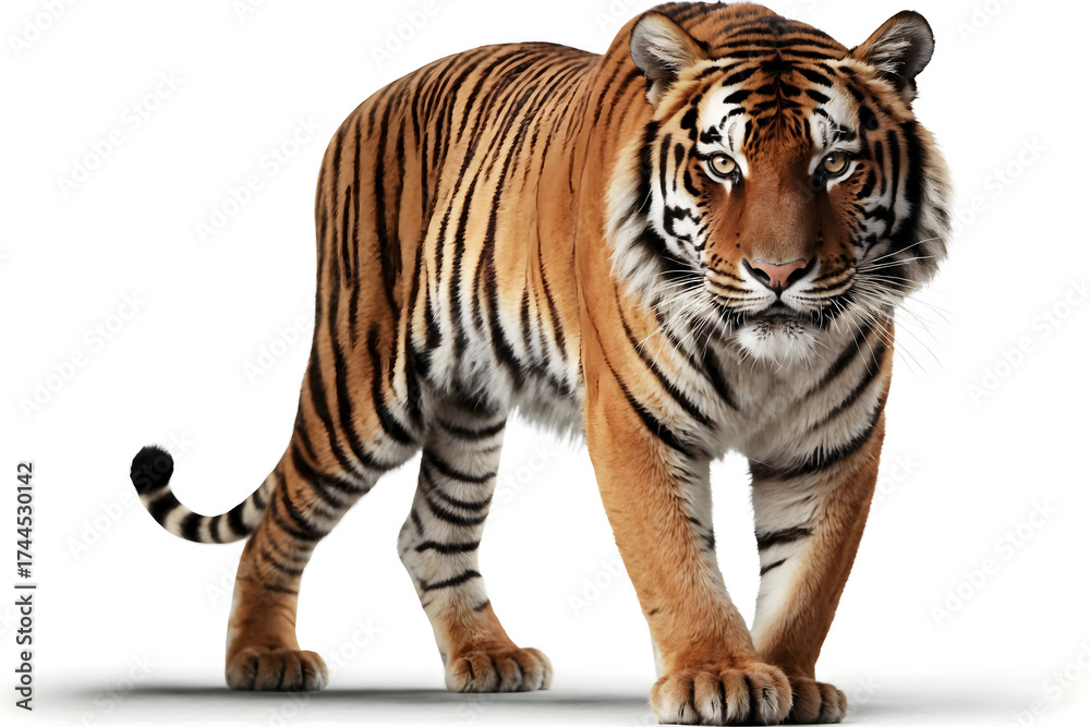 Obraz premium A majestic Bengal tiger strides forward, its gaze intense and captivating, showcasing the raw power and beauty of a top predator in its prime