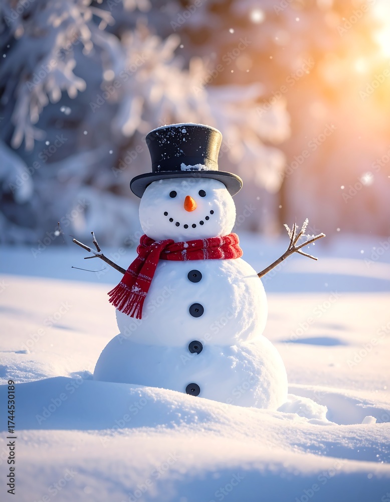 Obraz premium Cheerful snowman in a snowy forest, festive winter scene