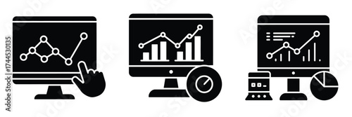 Data analytics silhouette business vector icon set.