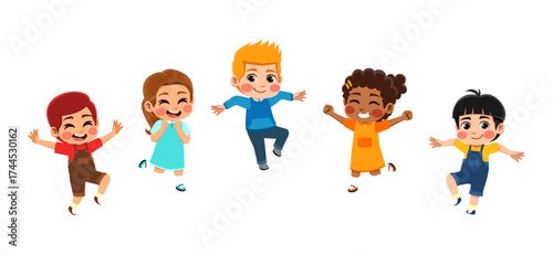 set 4 children jumping happily in vector illustration style