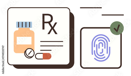 Medicine bottle, pills, Rx prescription text, and biometric fingerprint with verification check. Ideal for healthcare, pharmaceuticals, security, authentication, accessibility technology