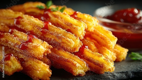 Pile of fried churros with red sauce in a bowl on dark surface.