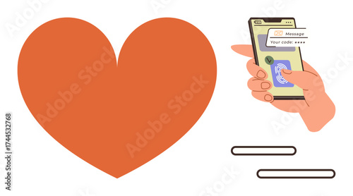 Hand enters security code on phone next to heart symbol. Ideal for online security, trust, verification, authentication, privacy, mobile interaction, simple flat metaphor
