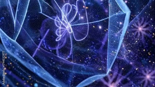 Experience the cosmic flow in this dynamic, glowing abstract video background with sparkling particles and deep blues for a modern, futuristic feel