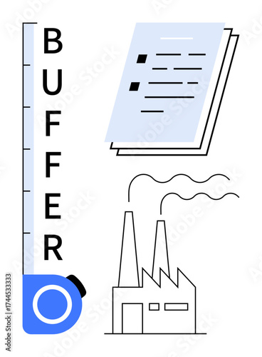 Vertical buffer scale, stacked document papers, and a smoking factory. Ideal for production, supply chain, workflow management, industry, data processing business metrics teamwork. Simple flat