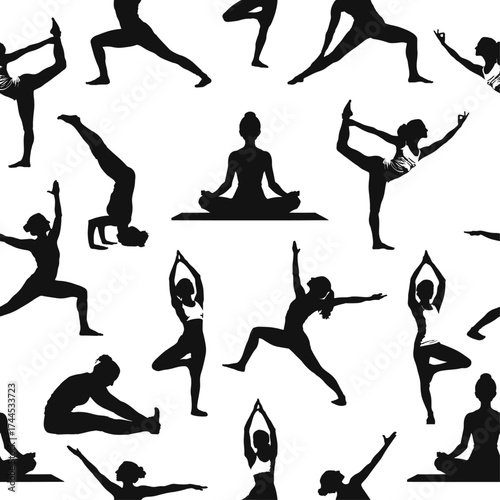 Seamless vector pattern of yoga poses in black silhouette on white background. Ideal for wellness, fitness, and mindfulness-themed designs.