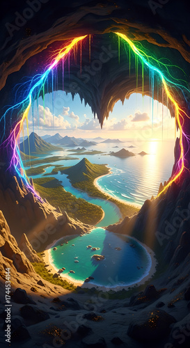 Heart Cave Rainbow Light Fantasy Landscape Tropical Ocean Vertical