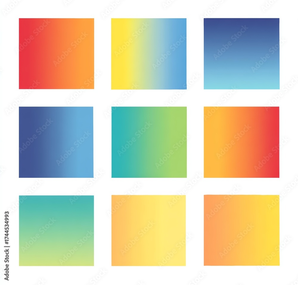Naklejka premium A vibrant collection of nine gradient squares showcasing smooth transitions of color, perfect for backgrounds and design projects.