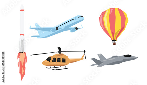 Vector set of colorful air vehicles, aircraft. Airplane, helicopter, hot air balloon, jet plane, and rocket. Flat geometric illustration.