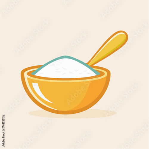 Illustration of a bowl filled with a white granular substance and a matching spoon
