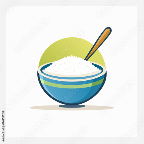 Illustration of a bowl filled with rice, a wooden spoon, and a vibrant background