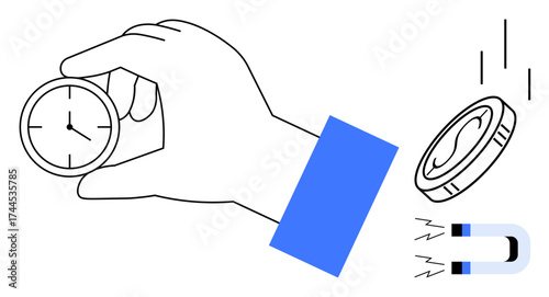 Hand grasping a clock, coin dropping toward a magnet, illustrating concepts of time, money, finance, decision-making, resource management, business, and efficiency in simple flat metaphor