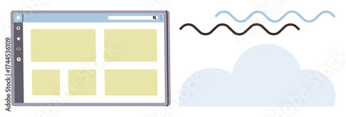Browser window layout next to cloud and wave graphics conveying network, storage, and communication themes. Ideal for technology, cloud storage, internet, web design, creativity, teamwork