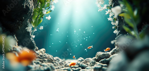 Underwater cave with vibrant fish and bubbles, illuminated by sunlight filtering through water. scene is filled with colorful coral and aquatic plants, creating lively underwater environment