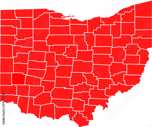 Detailed red vector map of the State of Ohio, featuring all 88 County administrative divisions with their internal borders.

