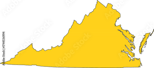 Detailed yellow vector silhouette map of the Commonwealth of Virginia, an East Coast U.S. state, providing a solid fill without internal divisions for design and data visualization.

