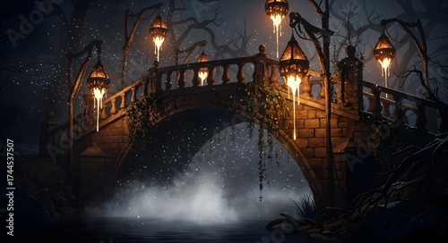 A Mysterious and Enchanted Bridge Beneath the Twilight Sky, Filled with Magic and Intrigue