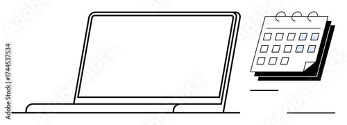 Laptop with blank screen beside a desk calendar with marked days, symbolizing organization, time management. Ideal for productivity, planning, scheduling, office work, business, deadlines