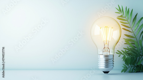 glowing light bulb beside green leaves creates modern and eco friendly ambiance. This highlights energy efficiency and natural elements in minimalist setting