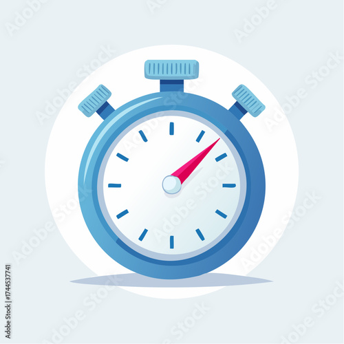 Illustrative representation of a blue analog stopwatch with red hand on a white background