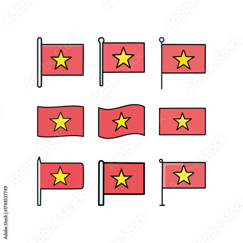 Collection of various illustrations of the national flag of Vietnam with a yellow star.