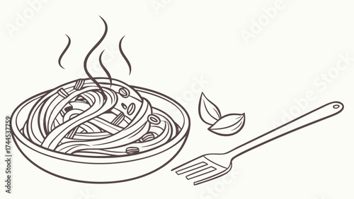 Delicious spaghetti pasta recipe illustration with basil and fork for food blog and cookbook design