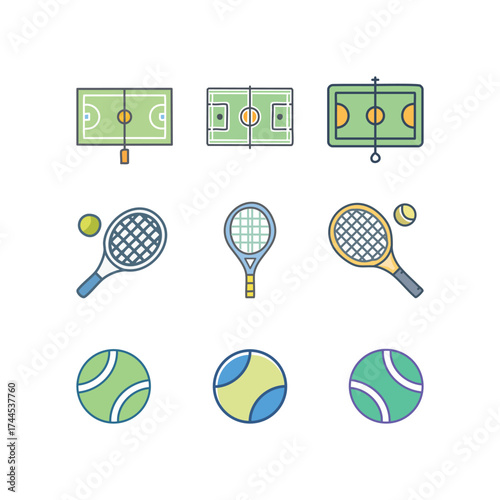 Collection of colorful tennis court, racket, and ball icons, perfect for sports-related designs.