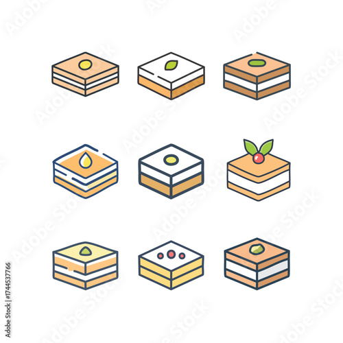 Nine colorful illustrations of various baklava pastries, each with unique toppings and designs.