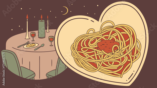 Romantic italian dinner date night with spaghetti and meatballs love heart valentine's day illustration