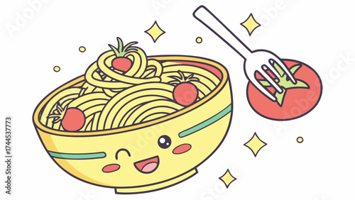 Cute spaghetti pasta bowl with tomato and fork illustration for italian food lovers and kids design