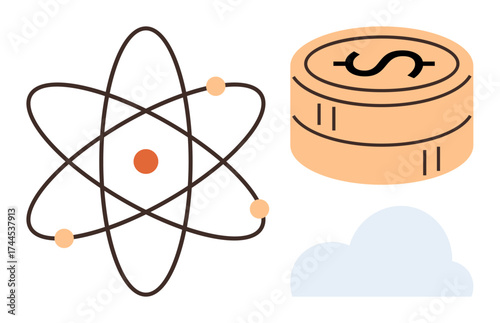 Atomic structure next to a coin stack and cloud icon. Ideal for innovation, technology, finance, science, cloud computing, research, and economic growth. Simple flat metaphor