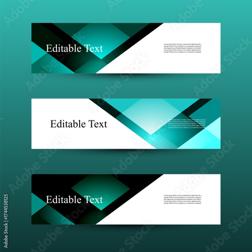 Modern Geometric Banner Set–Editable Horizontal Layouts. Each design includes translucent rectangles and triangles that create depth and motion, paired with editable text areas for customization.