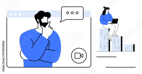 Man thinking during video call shown on screen, woman with laptop sitting on bar chart. Ideal for remote work, strategy, analysis, communication, teleconferencing, education, simple flat metaphor