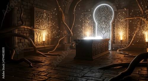A Mystical Doorway Enveloped by Ancient Roots and Bathed in a Soft, Glowing Light that Enchants