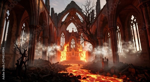 Fiery Ruins An Abandoned, Majestic Cathedral Surrounded by Flowing Lava and Chaos