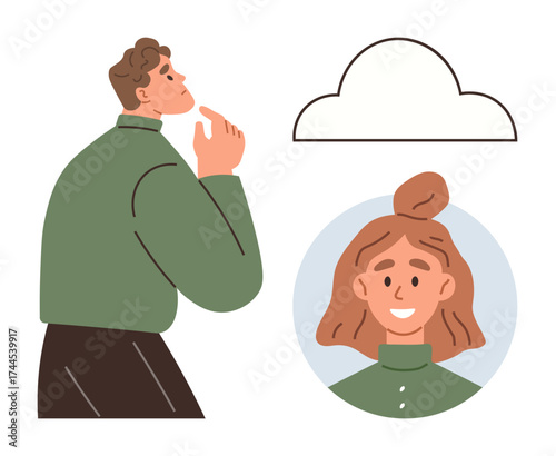 Man in deep thought with finger on chin and smiling woman in circular frame under cloud outline. Ideal for brainstorming, perspective, teamwork, imagination, creativity, vision, problem-solving