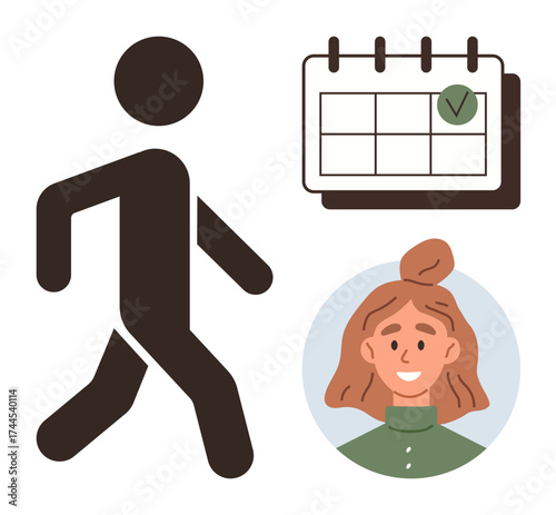 Walking figure, marked calendar, and woman s portrait highlight routine, schedule, goal-setting, time management, productivity, health, and planning in a simple flat metaphor