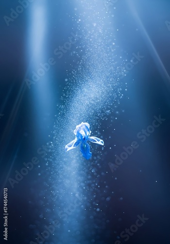 Underwater serenity: A blue flower ascends through shimmering light and ethereal bubbles, creating a dreamlike ambiance