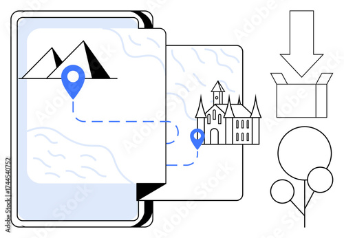 Map with marked locations, pyramids, and castle visualizes travel and navigation. Ideal for tourism, geography, delivery, navigation, adventure education planning. Minimalistic flat metaphor