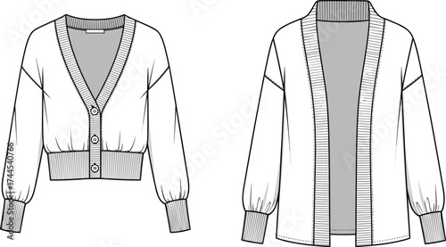 Cardigan sweater CAD flat sketch, vector fashion technical drawing, knitted buttoned design illustration, clothing template outerwear