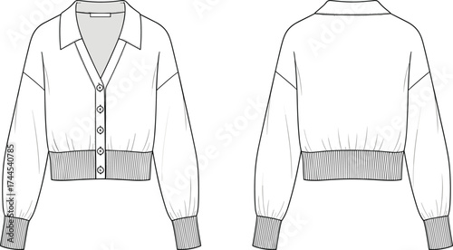Cardigan sweater flat sketch, button front, long sleeves, ribbed hem, fashion design, apparel template, casual wear